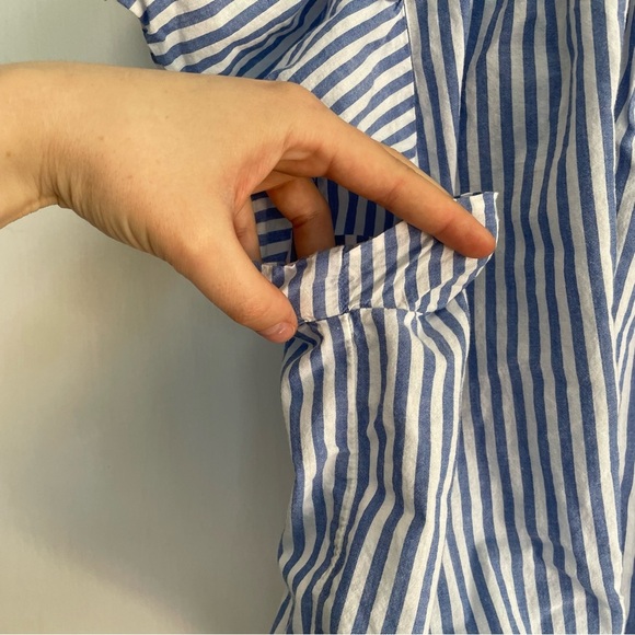Trovata Birds of Paradise Carla High Neck Blouse Blue White Striped Top XS - Picture 7 of 15